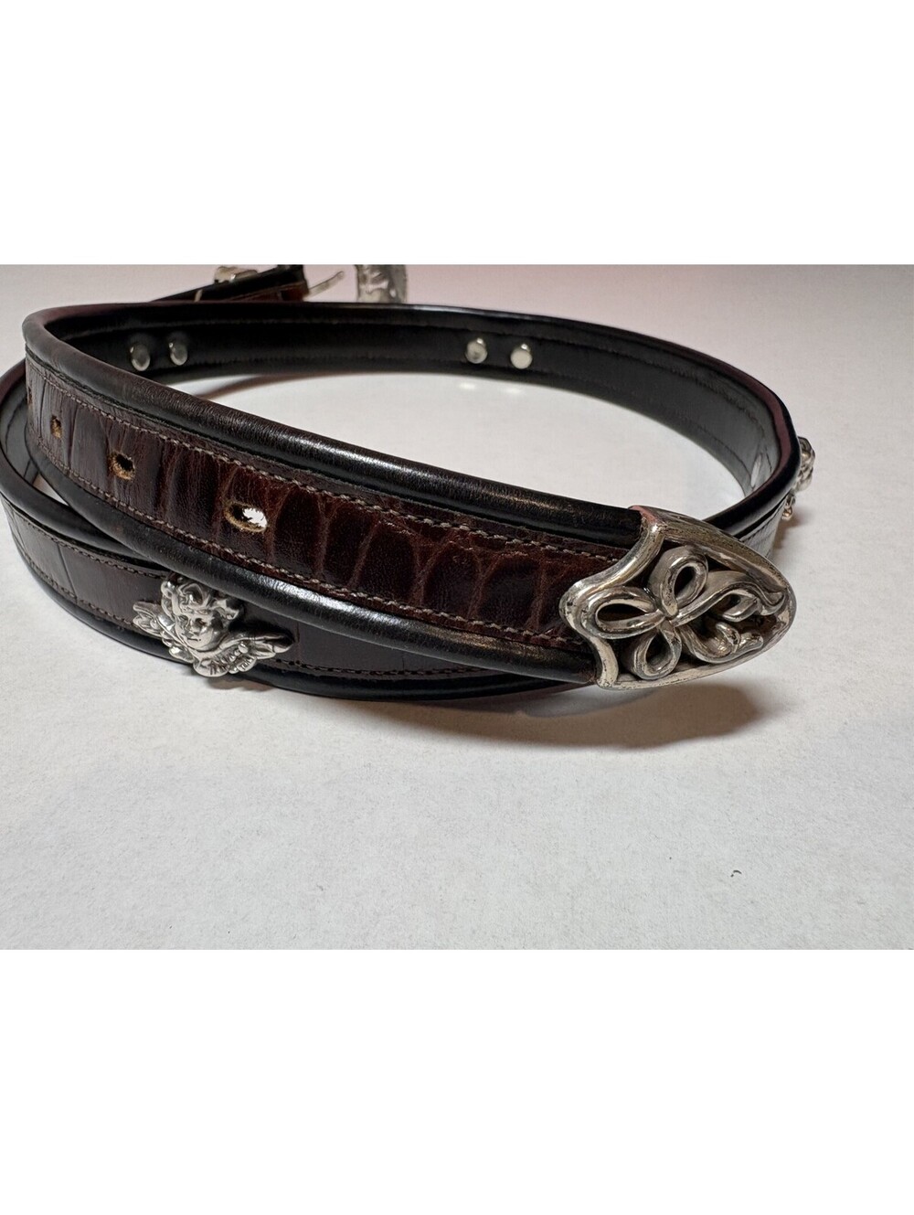 Lady Nadim USA Womens XL Western Belt Brown Leather Silver Buckle Angel Conches